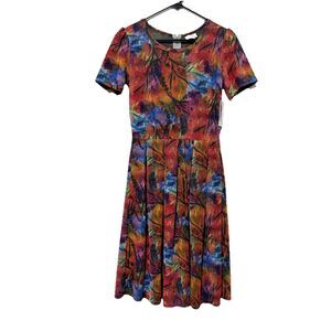 NWT LuLaRoe Amelia Dress M Multicolor Abstract Floral Fit Flare Stretch Midi